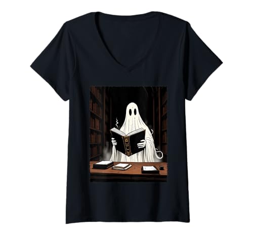 Damen Ghost Reading in Library Gruseliger Bücherwurm Halloween-Kostüm T-Shirt mit V-Ausschnitt von Funny Book Enthusiast Bookworm Story Lovers