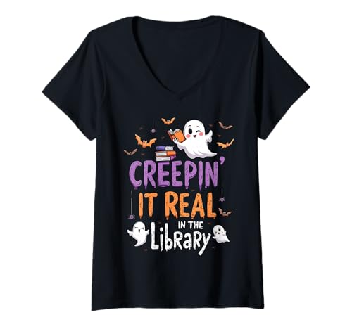 Damen Gruseliger Bücherwurm Creepin It Real in The Library Halloween T-Shirt mit V-Ausschnitt von Funny Book Enthusiast Bookworm Story Lovers