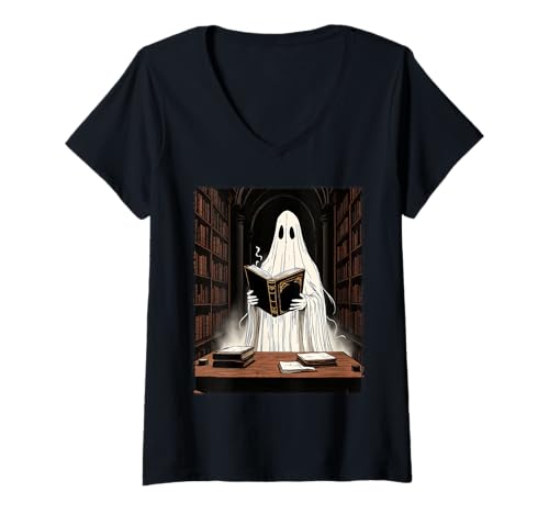 Damen Gruseliges Halloween-Geister-Lesung in Spukbibliothek Kostüm T-Shirt mit V-Ausschnitt von Funny Book Enthusiast Bookworm Story Lovers
