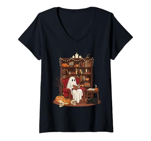 Damen Halloween Ghost Cosy Reading Bookworm Gruselige Bibliothek T-Shirt mit V-Ausschnitt von Funny Book Enthusiast Bookworm Story Lovers