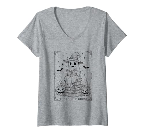 Damen Halloween The Booked Ghost Tarot Süßer Bücherwurm T-Shirt mit V-Ausschnitt von Funny Book Enthusiast Bookworm Story Lovers