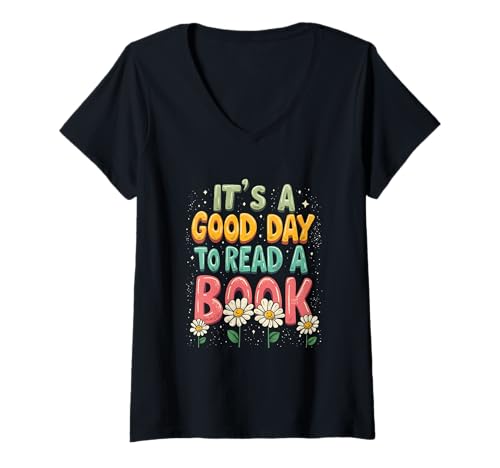 Damen It's a Good Day to Read Retro Colorful Typografie Book Lover T-Shirt mit V-Ausschnitt von Funny Book Enthusiast Bookworm Story Lovers