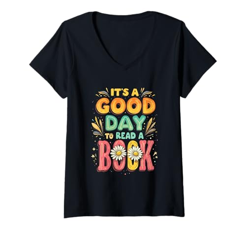 Damen It's a Good Day to Read Retro Daisy Typografie Book Lover T-Shirt mit V-Ausschnitt von Funny Book Enthusiast Bookworm Story Lovers