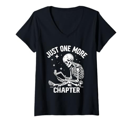 Damen Just One More Chapter Skelett-Bücherwurm-Design T-Shirt mit V-Ausschnitt von Funny Book Enthusiast Bookworm Story Lovers