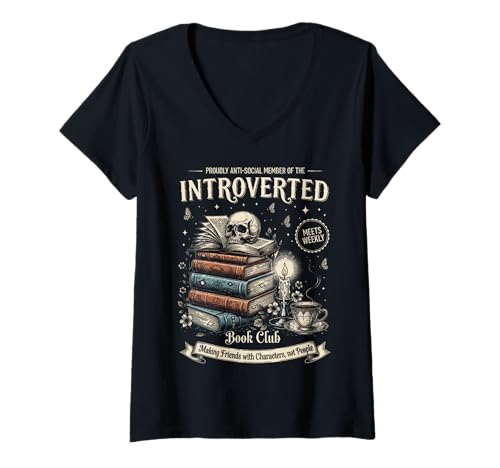 Damen Klassischer introvertierter Buchclub Antisocial Reader Halloween T-Shirt mit V-Ausschnitt von Funny Book Enthusiast Bookworm Story Lovers
