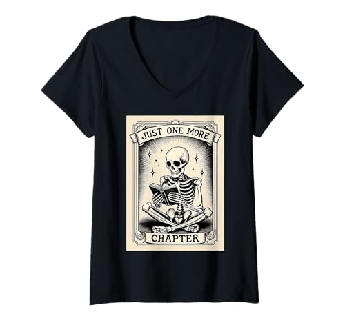 Damen Klassisches Skelett-Bücherwurm-Design von Just One More Chapter T-Shirt mit V-Ausschnitt von Funny Book Enthusiast Bookworm Story Lovers