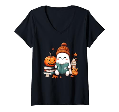 Damen Kuscheliges Halloween-Kostüm mit Mütze und Bücherwurm von Ghost Reading T-Shirt mit V-Ausschnitt von Funny Book Enthusiast Bookworm Story Lovers