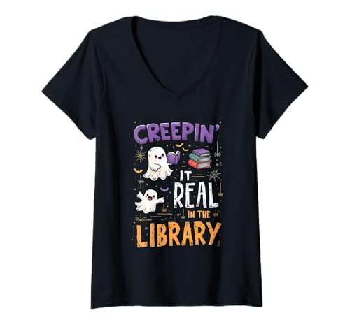 Damen Lustiger Bücherwurm Creepin It Real in The Library Halloween T-Shirt mit V-Ausschnitt Damen Lustiger Bücherwurm Creepin It Real in The Library Halloween T-Shirt mit V-Ausschnitt von Funny Book Enthusiast Bookworm Story Lovers