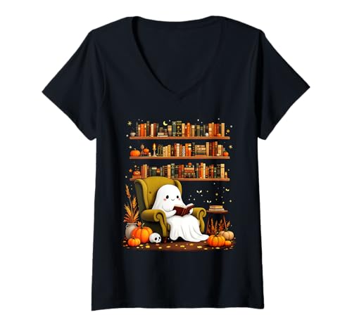 Damen Lustiger Bücherwurm mit lustigem Geister-Motiv, gemütlicher Halloween-Vibe T-Shirt mit V-Ausschnitt von Funny Book Enthusiast Bookworm Story Lovers