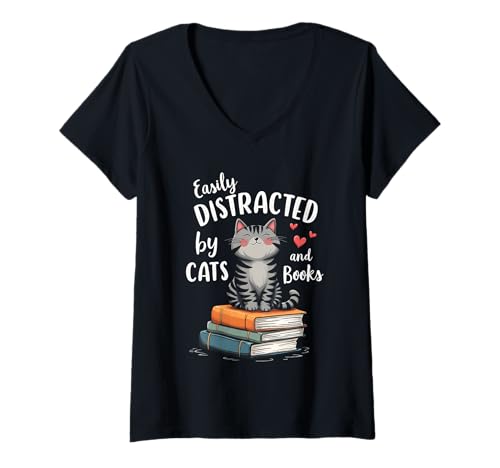 Damen Lustiger skurriler Leser, der leicht von Katzen und Büchern abgelenkt Wird T-Shirt mit V-Ausschnitt von Funny Book Enthusiast Bookworm Story Lovers