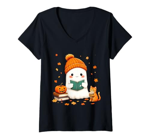 Damen Lustiger süßer gemütlicher Geist Lesekatze Kürbis Kaffee Halloween T-Shirt mit V-Ausschnitt von Funny Book Enthusiast Bookworm Story Lovers