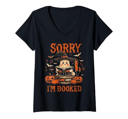 Damen Lustiges Halloween-Kostüm mit Aufschrift Sorry I'm Booked T-Shirt mit V-Ausschnitt von Funny Book Enthusiast Bookworm Story Lovers