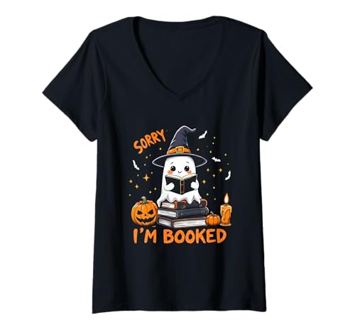 Damen Lustiges Halloween Sorry I'm Booked Spooky Cute Ghost Reading T-Shirt mit V-Ausschnitt von Funny Book Enthusiast Bookworm Story Lovers