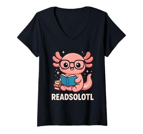 Damen Lustiges Readsolotl Adorable Axolotl Skurriles Buch Nerd T-Shirt mit V-Ausschnitt von Funny Book Enthusiast Bookworm Story Lovers