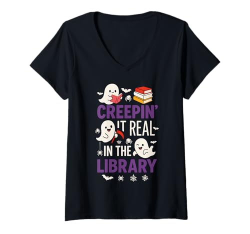 Damen Niedlicher Geist liest Creepin It Real in The Library Halloween T-Shirt mit V-Ausschnitt Damen Niedlicher Geist liest Creepin It Real in The Library Halloween T-Shirt mit V-Ausschnitt von Funny Book Enthusiast Bookworm Story Lovers