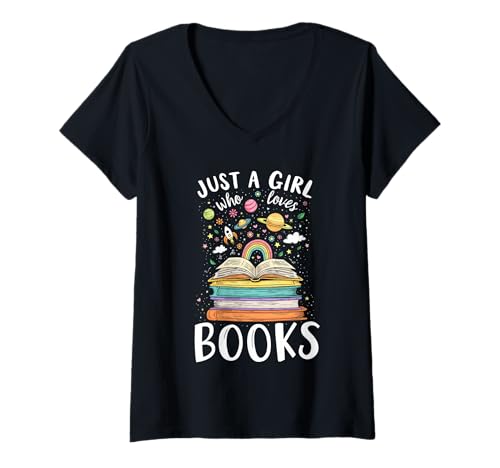 Damen Nur EIN Mädchen, das Bücher liebt Feminine Leserin Süßer Bücherwurm T-Shirt mit V-Ausschnitt von Funny Book Enthusiast Bookworm Story Lovers