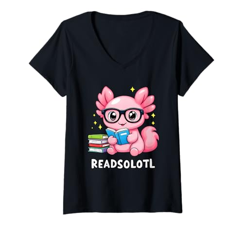 Damen Readsolotl Cute Axolotl Lesebuch Liebhaber Lustiger Bücherwurm T-Shirt mit V-Ausschnitt von Funny Book Enthusiast Bookworm Story Lovers