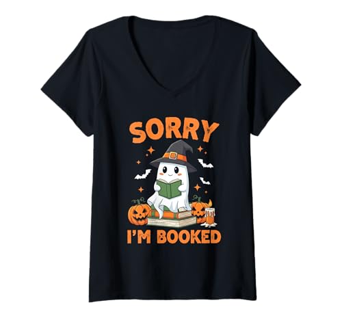 Damen Süßes Geister-Halloween-Kostüm Sorry I'm Booked T-Shirt mit V-Ausschnitt von Funny Book Enthusiast Bookworm Story Lovers