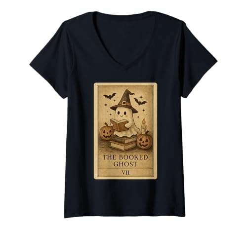 Damen The Booked Ghost Klassisches Tarot-Stil süßes Halloween-Kostüm T-Shirt mit V-Ausschnitt von Funny Book Enthusiast Bookworm Story Lovers