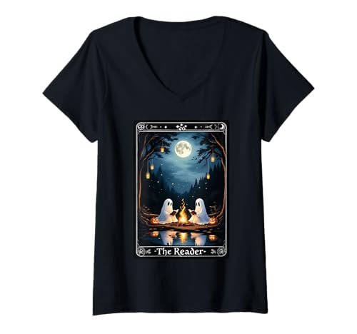 Damen The Reader Classic Tarot Zwei Geister lesen Halloween-Stimmung T-Shirt mit V-Ausschnitt von Funny Book Enthusiast Bookworm Story Lovers