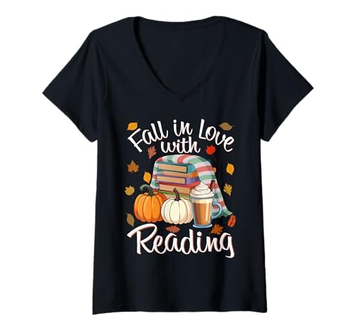 Damen Verlieben Sie Sich in das Lesebuch Autumn Pumpkins Teachers T-Shirt mit V-Ausschnitt Damen Verlieben Sie Sich in das Lesebuch Autumn Pumpkins Teachers T-Shirt mit V-Ausschnitt von Funny Book Lover Fall In Love With Reading