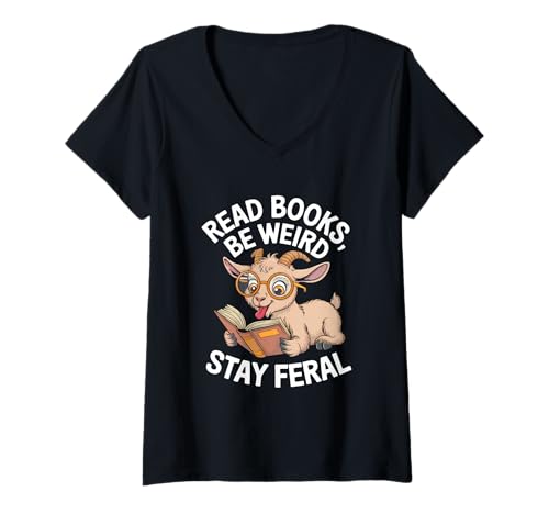 Damen Lesen Sie Bücher, seien Sie komisch, bleiben Sie wild, lustig, Ziege T-Shirt mit V-Ausschnitt Damen Lesen Sie Bücher, seien Sie komisch, bleiben Sie wild, lustig, Ziege T-Shirt mit V-Ausschnitt von Funny Book Lover Reading Nerd Librarian Style