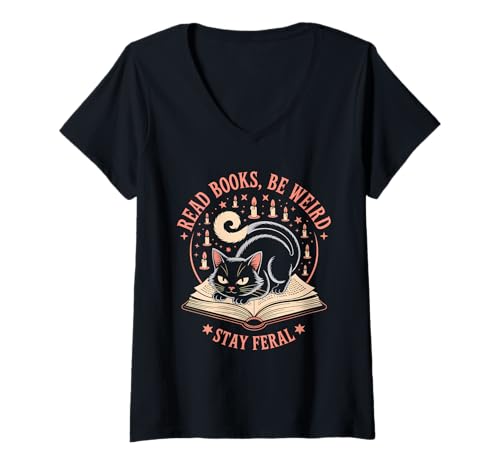 Damen Lesen Sie Bücher, seien Sie komisch, bleiben Sie wild, lustige Katze T-Shirt mit V-Ausschnitt Damen Lesen Sie Bücher, seien Sie komisch, bleiben Sie wild, lustige Katze T-Shirt mit V-Ausschnitt von Funny Book Lover Reading Nerd Librarian Style