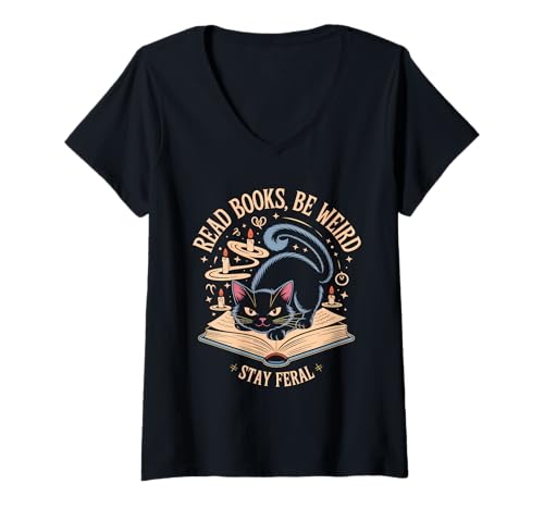 Damen Lesen Sie Bücher, seien Sie komisch, bleiben Sie wild, lustige Katze T-Shirt mit V-Ausschnitt Damen Lesen Sie Bücher, seien Sie komisch, bleiben Sie wild, lustige Katze T-Shirt mit V-Ausschnitt von Funny Book Lover Reading Nerd Librarian Style