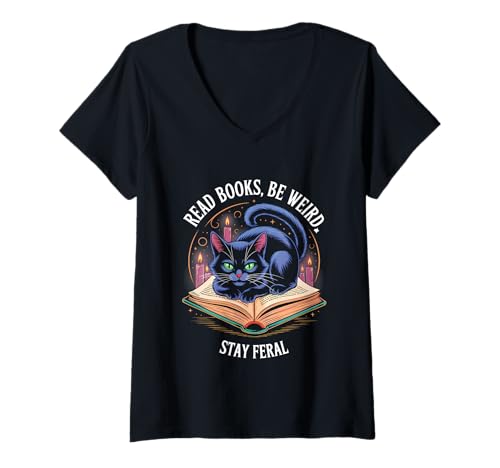 Damen Lesen Sie Bücher, seien Sie komisch, bleiben Sie wild, lustige Katze T-Shirt mit V-Ausschnitt Damen Lesen Sie Bücher, seien Sie komisch, bleiben Sie wild, lustige Katze T-Shirt mit V-Ausschnitt von Funny Book Lover Reading Nerd Librarian Style