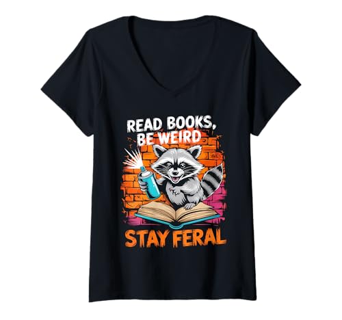 Damen Lies Bücher, sei komisch, bleib wild Lustiger Graffiti-Waschbär T-Shirt mit V-Ausschnitt Damen Lies Bücher, sei komisch, bleib wild Lustiger Graffiti-Waschbär T-Shirt mit V-Ausschnitt von Funny Book Lover Reading Nerd Librarian Style