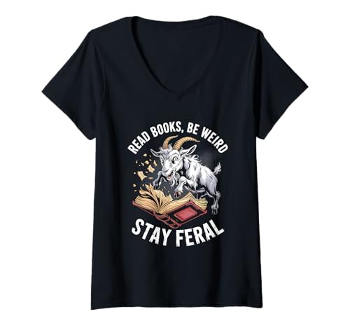Damen Lesen Sie Bücher, seien Sie komisch, bleiben Sie wild, lustig, Ziege T-Shirt mit V-Ausschnitt von Funny Book Lover Reading Nerd Librarian Style