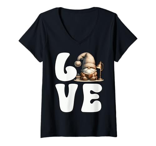 Damen Book Lover GNOME Graphic for Women and Men Who Love Reading T-Shirt mit V-Ausschnitt von Funny Book Reading Themed Gifts For Gnome Lovers
