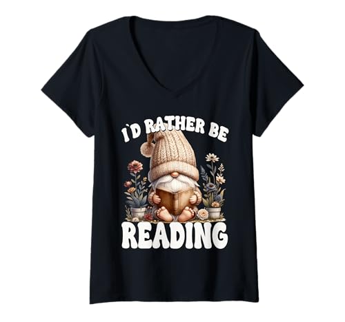 Damen Book Lover GNOME for Librarian Teacher Id Rather Be Reading T-Shirt mit V-Ausschnitt Damen Book Lover GNOME for Librarian Teacher Id Rather Be Reading T-Shirt mit V-Ausschnitt von Funny Book Reading Themed Gifts For Gnome Lovers