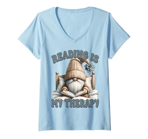 Damen Book Reader Accessories for Teacher Reading is My Therapy T-Shirt mit V-Ausschnitt von Funny Book Reading Themed Gifts For Gnome Lovers