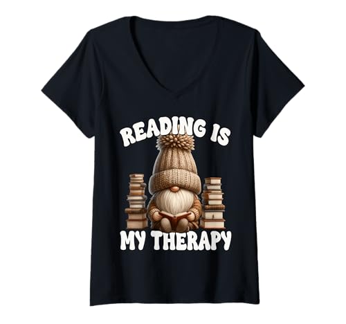 Damen Bookworm GNOME for Librarian Teacher Reading is My Therapy T-Shirt mit V-Ausschnitt Damen Bookworm GNOME for Librarian Teacher Reading is My Therapy T-Shirt mit V-Ausschnitt von Funny Book Reading Themed Gifts For Gnome Lovers