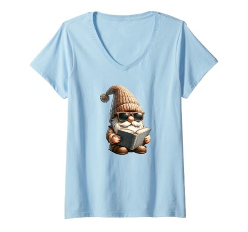 Damen Cool GNOME Reading A Book Graphic for Teacher and Librarian T-Shirt mit V-Ausschnitt von Funny Book Reading Themed Gifts For Gnome Lovers