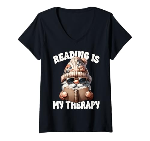Damen GNOME Teacher Reading is My Therapy Graphic for Book Lover T-Shirt mit V-Ausschnitt von Funny Book Reading Themed Gifts For Gnome Lovers