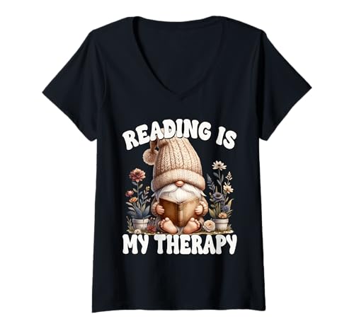 Damen Gardening Grandpa GNOME Book Graphic Reading is My Therapy T-Shirt mit V-Ausschnitt von Funny Book Reading Themed Gifts For Gnome Lovers