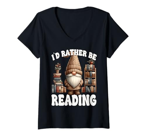 Damen Id Rather Be Reading Teacher Librarian GNOME for Book Lover T-Shirt mit V-Ausschnitt Damen Id Rather Be Reading Teacher Librarian GNOME for Book Lover T-Shirt mit V-Ausschnitt von Funny Book Reading Themed Gifts For Gnome Lovers