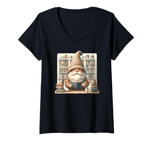 Damen Introvert Bookworm GNOME Reading Books Graphic for Librarian T-Shirt mit V-Ausschnitt von Funny Book Reading Themed Gifts For Gnome Lovers