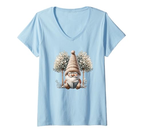 Damen Introvert Fall GNOME In Knitted Dress Love Reading Books T-Shirt mit V-Ausschnitt Damen Introvert Fall GNOME In Knitted Dress Love Reading Books T-Shirt mit V-Ausschnitt von Funny Book Reading Themed Gifts For Gnome Lovers