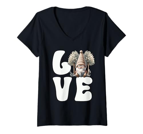 Damen Love Reading Books GNOME Graphic for Librarian and Teacher T-Shirt mit V-Ausschnitt von Funny Book Reading Themed Gifts For Gnome Lovers