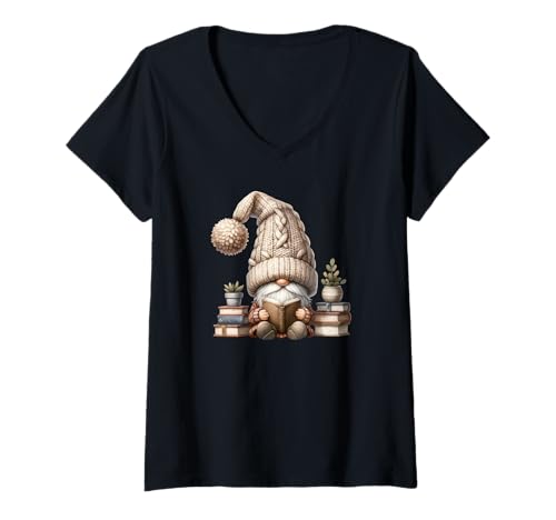 Damen Reading GNOME for Women and Teachers with Stack of Books T-Shirt mit V-Ausschnitt Damen Reading GNOME for Women and Teachers with Stack of Books T-Shirt mit V-Ausschnitt von Funny Book Reading Themed Gifts For Gnome Lovers
