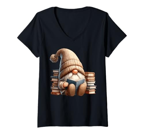 Damen Reading Themed GNOME Graphic for Librarian and Bookworm T-Shirt mit V-Ausschnitt von Funny Book Reading Themed Gifts For Gnome Lovers