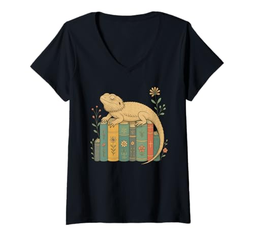 Damen Floral Bearded Dragon Sleeping On Books T-Shirt mit V-Ausschnitt Damen Floral Bearded Dragon Sleeping On Books T-Shirt mit V-Ausschnitt von Funny Books Bearded Dragon Lover Apparel