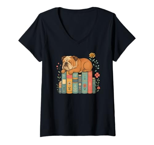 Damen Floral English Bulldog Dog Sleeping On Books T-Shirt mit V-Ausschnitt von Funny Books Bulldog Lover Apparel
