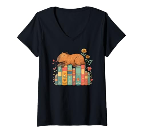 Damen Floral Capybara Sleeping On Books T-Shirt mit V-Ausschnitt Damen Floral Capybara Sleeping On Books T-Shirt mit V-Ausschnitt von Funny Books Capybara Lover Apparel