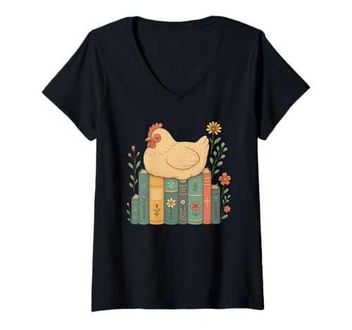 Damen Floral Chicken Sleeping On Books T-Shirt mit V-Ausschnitt Damen Floral Chicken Sleeping On Books T-Shirt mit V-Ausschnitt von Funny Books Chicken Lover Apparel