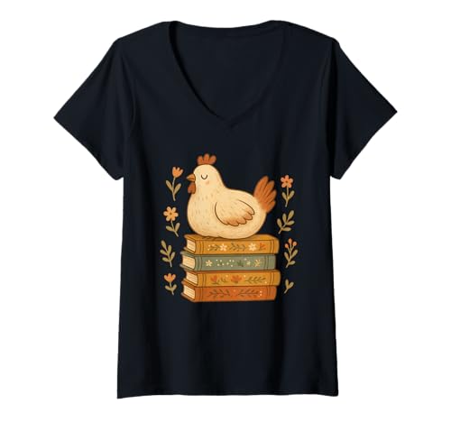 Damen Floral Chicken Sleeping On Books T-Shirt mit V-Ausschnitt Damen Floral Chicken Sleeping On Books T-Shirt mit V-Ausschnitt von Funny Books Chicken Lover Apparel