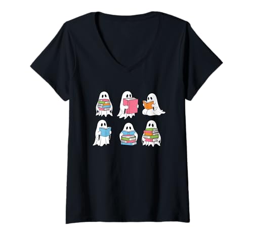 Damen Halloween Lehrer Bücher Lesen Geist Bibliothekar Halloween T-Shirt mit V-Ausschnitt Damen Halloween Lehrer Bücher Lesen Geist Bibliothekar Halloween T-Shirt mit V-Ausschnitt von Funny Books Lover Halloween Costume